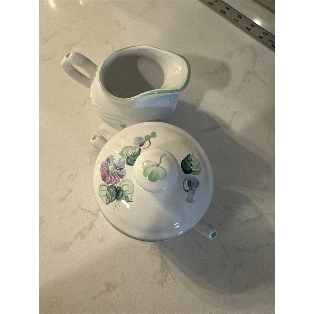Herend Village Pottery Made In Hungary VIOLETS Pattern Sugar & Creamer Set‎